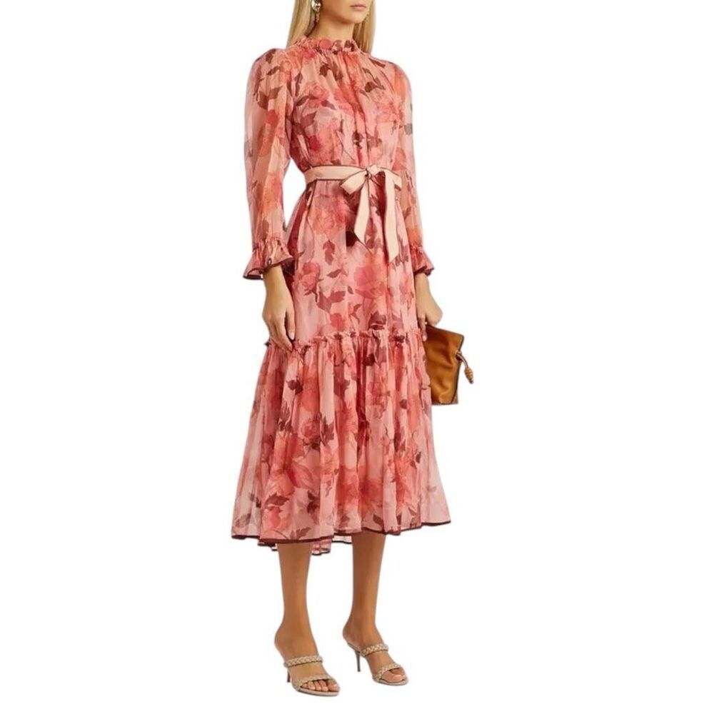 Zimmermann Concert Tubular Floral-print Silk-chiffon Midi Dress In Pink Sz 3